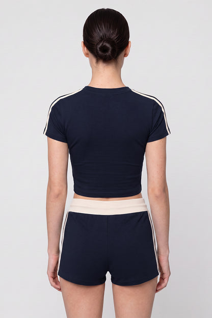 Women Summer Side Stripe Cropped T Shirt Shorts Set