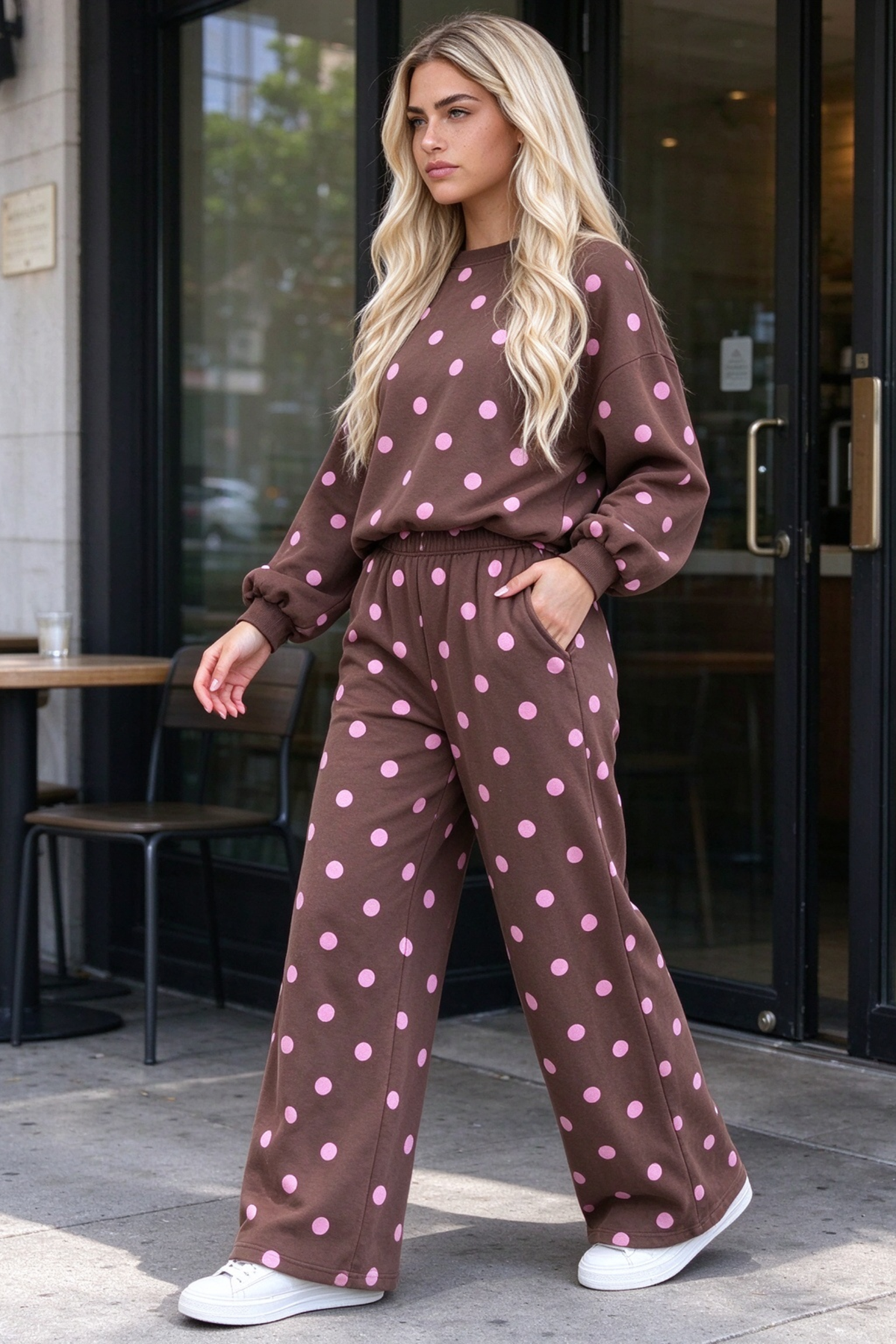 Women Fall Clothing Polka Dot Sweatshirt Wide Leg Set