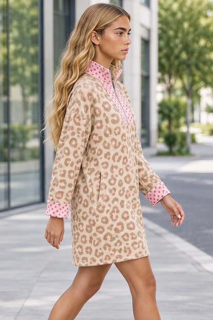 Women's Fall Leopard Dot Print V-Neck Loose Mini Dress