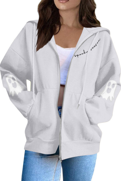 Women Fall Clothing Halloween Ghost Graphic Zip Up Hoodie