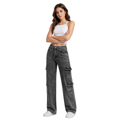 Women's High Waist Cargo Straight Jeans