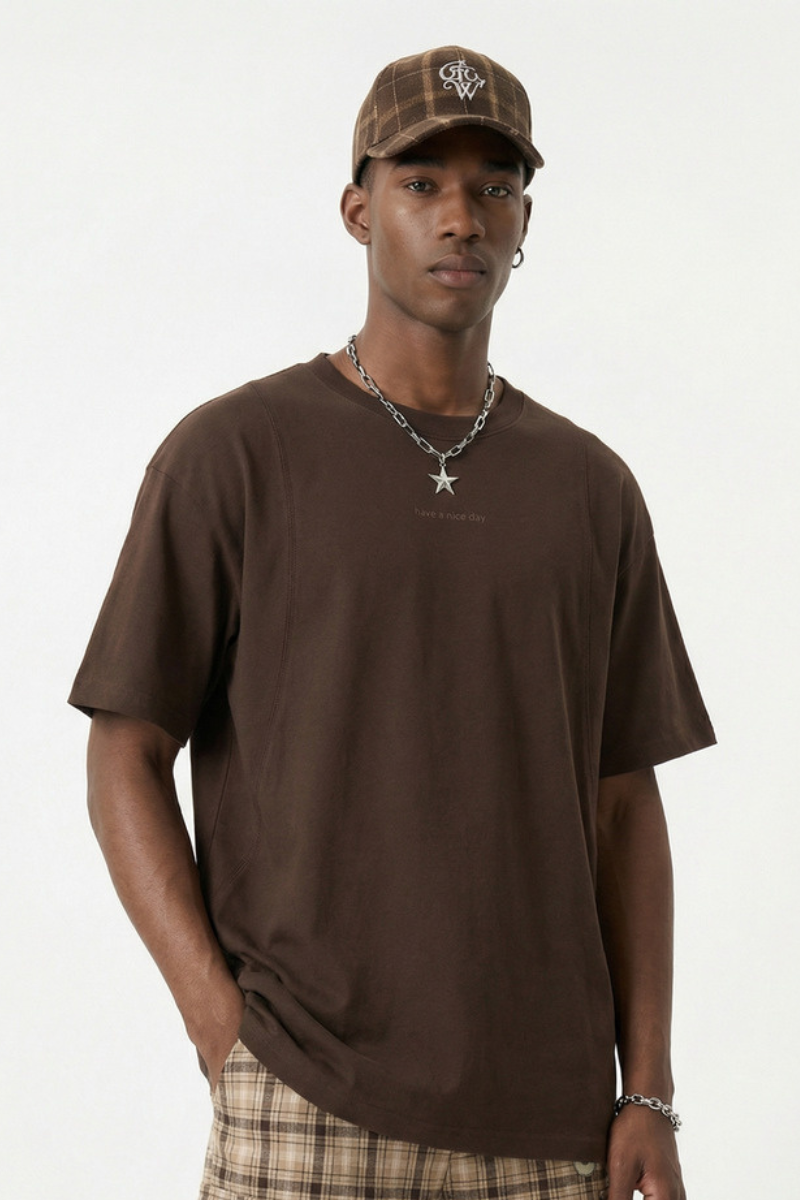 Men's Cotton-Linen Drop-Shoulder Tee w/FwdSideSeam & Sld Ltr