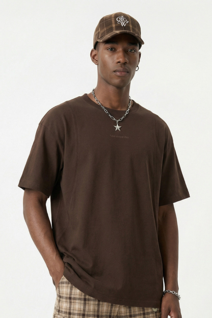 Men's Cotton-Linen Drop-Shoulder Tee w/FwdSideSeam & Sld Ltr