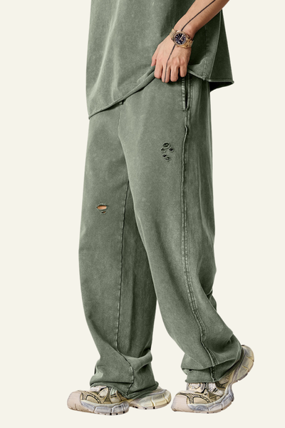 Men's Vintage Washed Frayed Hem Cotton Straight Leg Pants