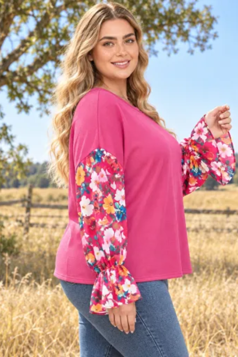 Women Fall Clothing Plus Size Floral Sleeve Knit Top