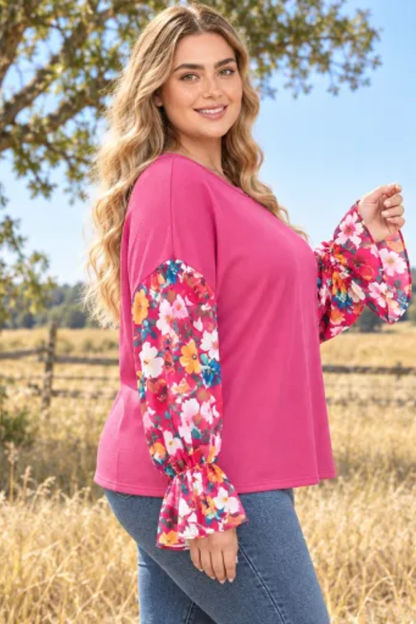 Women Fall Clothing Plus Size Floral Sleeve Knit Top
