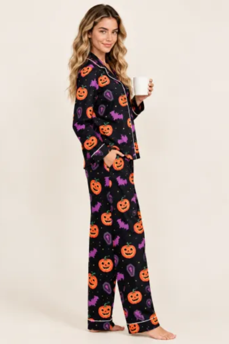 Women Fall Clothing Halloween Pumpkin Bat Pajama Set