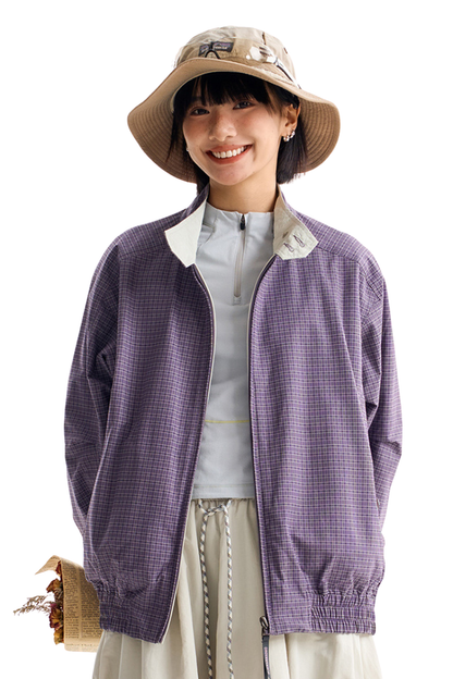 Unisex Retro Plaid StandCollar Loose Reversible Jacket