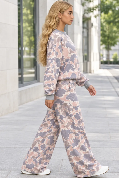 Women's Fall Camo Print Loose Long Sleeve Two Piece Set