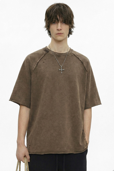 Men's Spring Summer 350g Cotton Batik Washed Raglan Tee