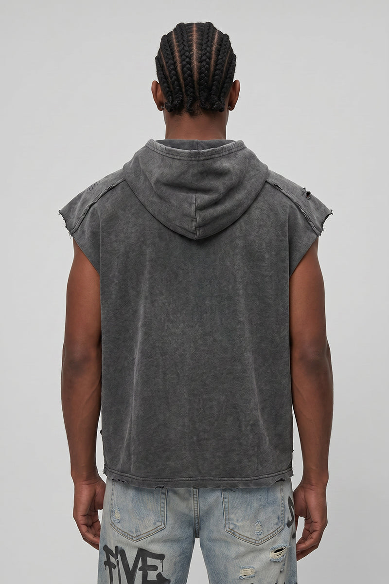 Men's Summer Stone-Washed Distressed Raw-Edge Hooded Tank