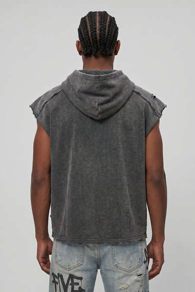 Men's Summer Stone-Washed Distressed Raw-Edge Hooded Tank