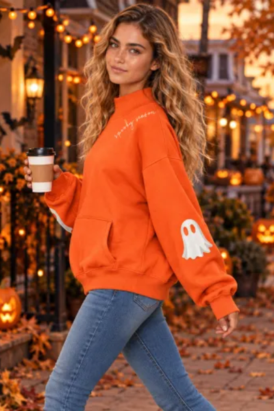Women Fall Clothing Halloween Ghost Mock Neck Sweatshirt