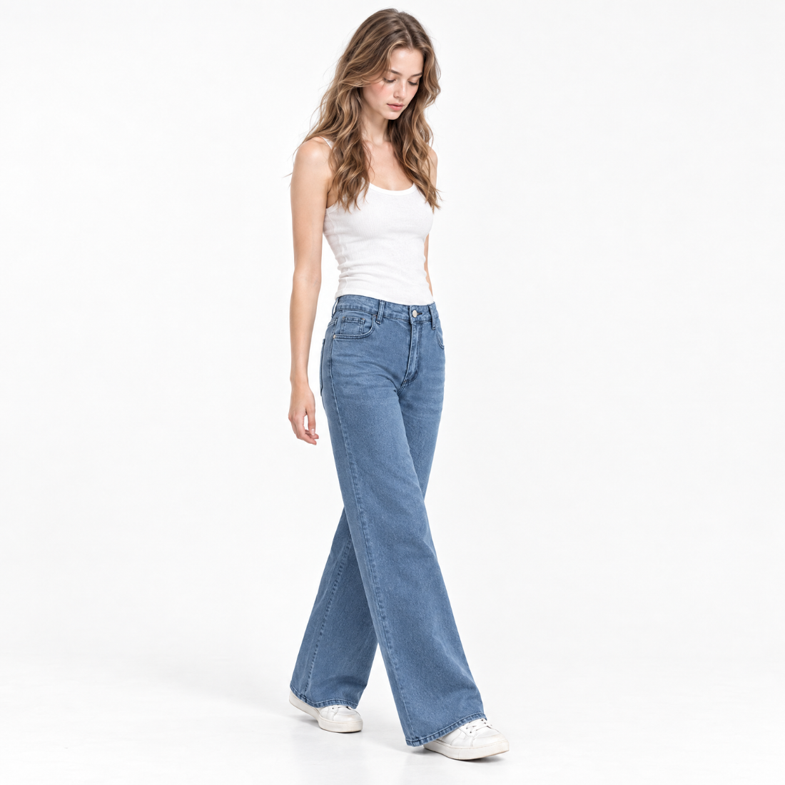 Women's High Waist Blue Stretch Wide Leg Jeans