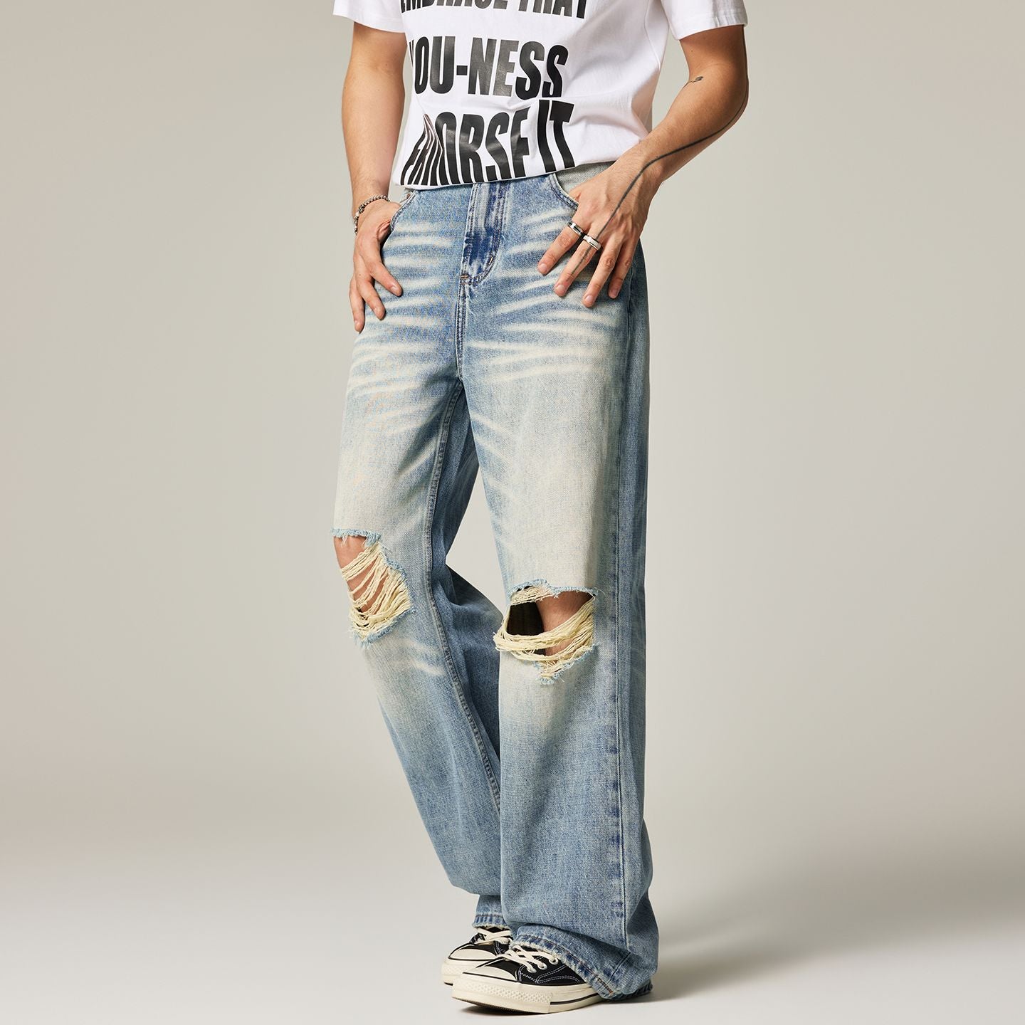 Men's Spring Light Blue Cat Whisker Ripped Denim Jeans