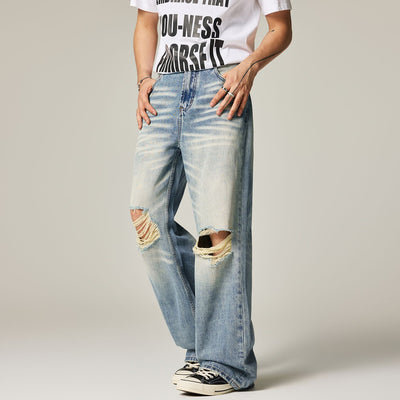 Men's Spring Light Blue Cat Whisker Ripped Denim Jeans