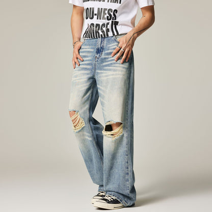 Men's Spring Light Blue Cat Whisker Ripped Denim Jeans
