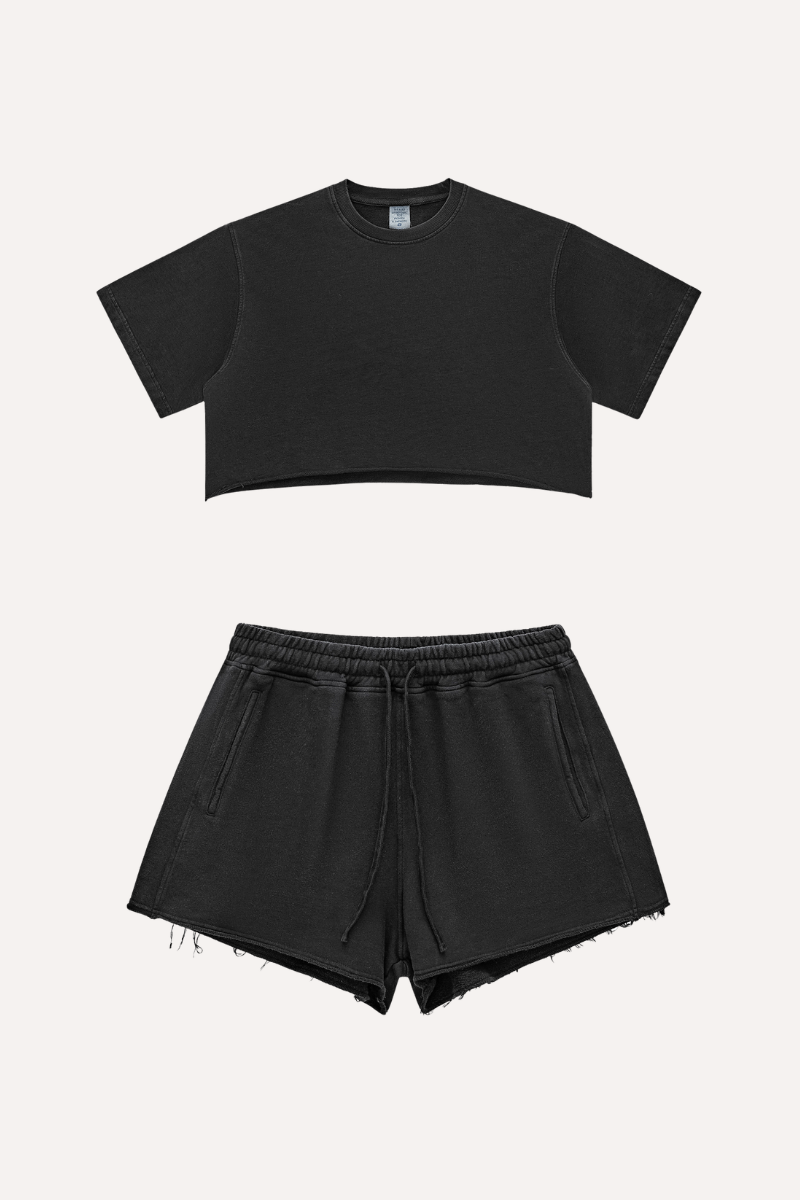 Women's Summer Washed Crop Boxy 280g Cotton Distressed Set