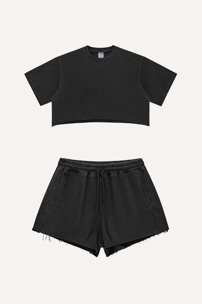 Women's Summer Washed Crop Boxy 280g Cotton Distressed Set