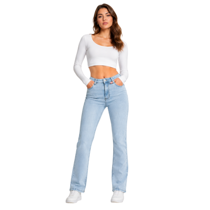 Women's Light Blue Wash Stretch Slim Straight Leg Jeans