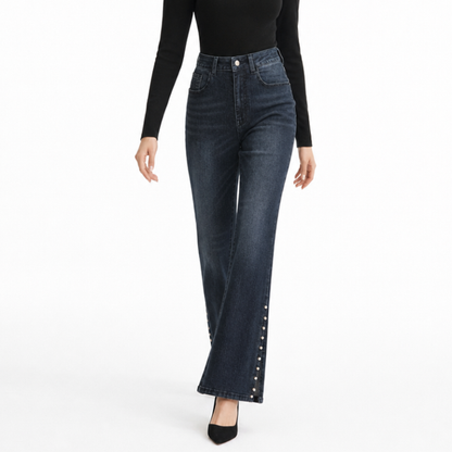 Women's High Waist Flare Jeans with Side Pearl Details