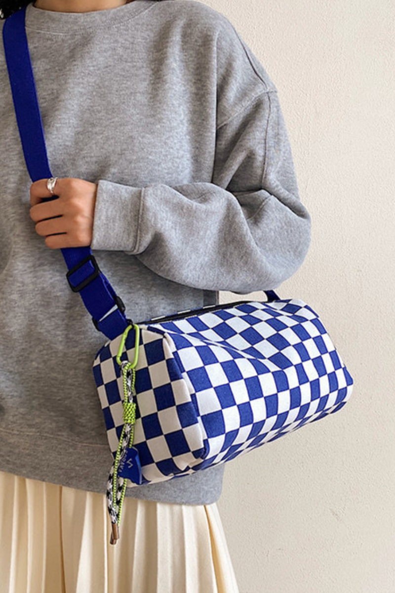 Women Fall Checkered Canvas Cylinder Crossbody Bag
