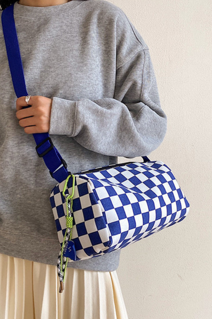 Women Fall Checkered Canvas Cylinder Crossbody Bag