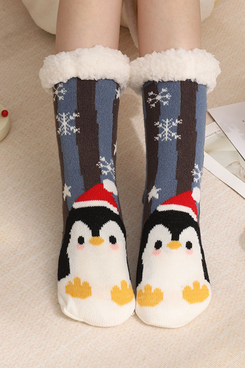 Women Winter Christmas Fleece Cuff Non Slip Slipper Socks