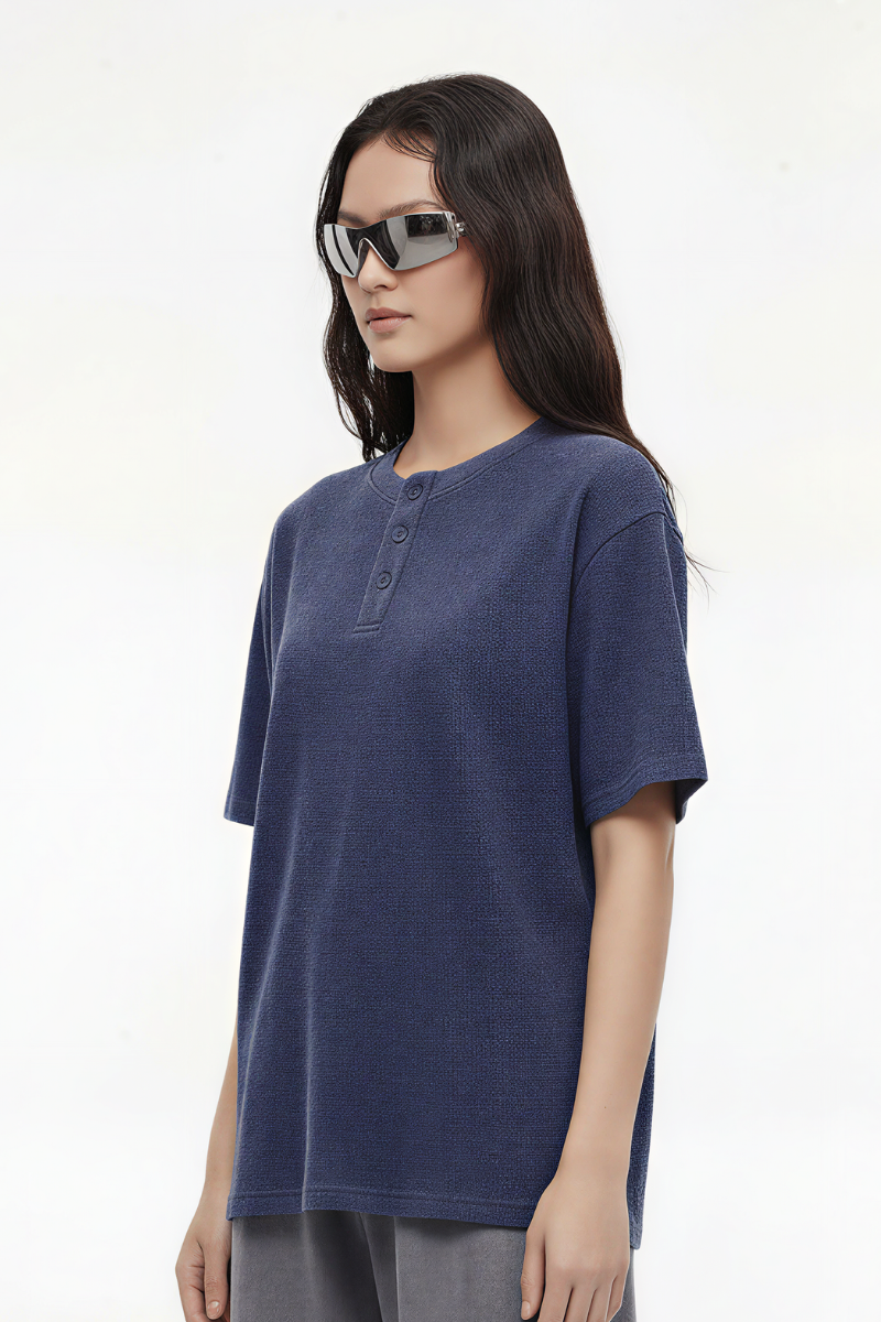 Women's Streetwear Washed Henley Collar Distressed T-shirt
