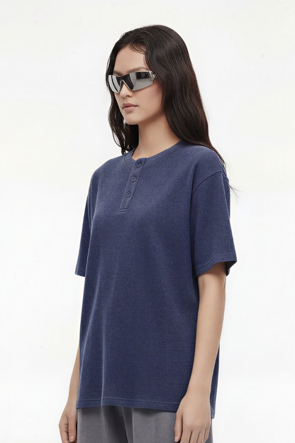 Women's Streetwear Washed Henley Collar Distressed T-shirt