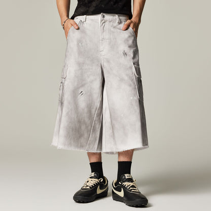 Men's Spring Gradient Splatter Cargo Wide-Leg Denim Shorts