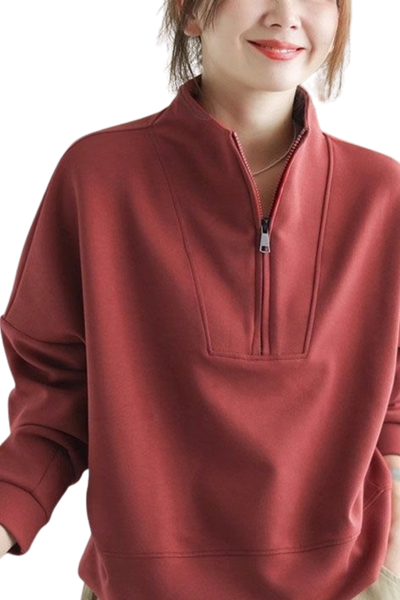Women Fall Clothing Loose Cropped Half Zip Sweatshirt