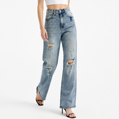 Women's High Waist Distressed Ripped Wide Leg Jeans