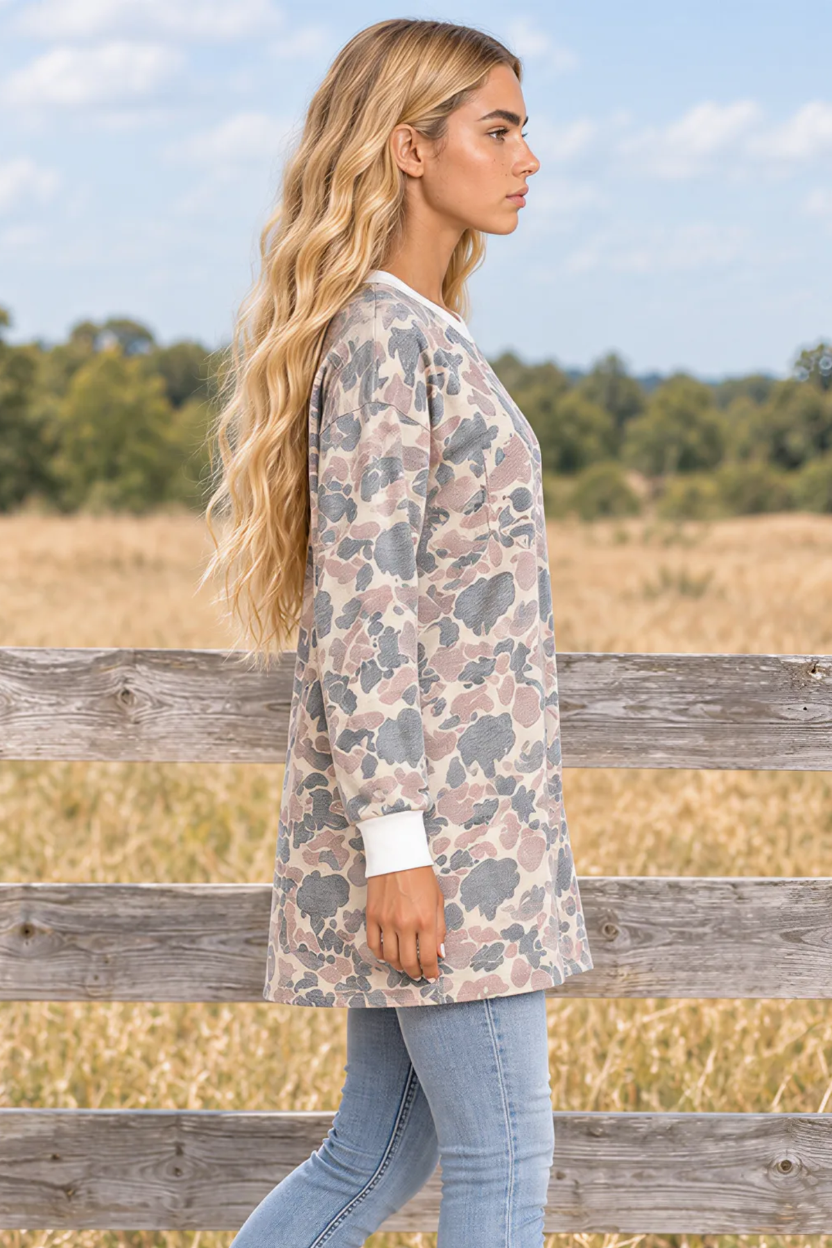 Women's Fall Camo Print Crew Neck Loose Mini Dress