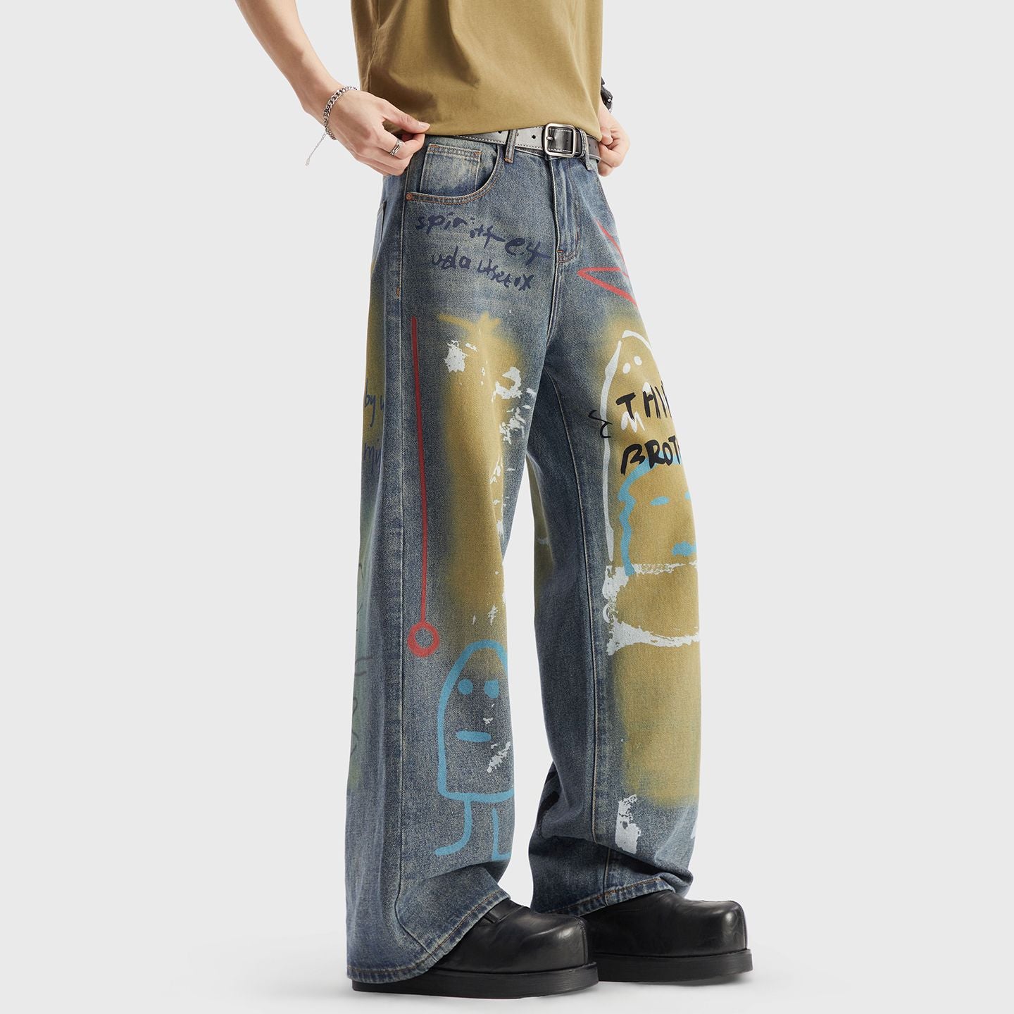 Men's Spring Dark Blue Graffiti Print Wide Leg Denim Jeans