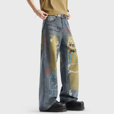 Men's Spring Dark Blue Graffiti Print Wide Leg Denim Jeans