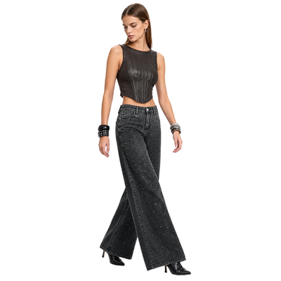 Women's Vintage Washed High Waist Rhinestone Wide Leg Jeans