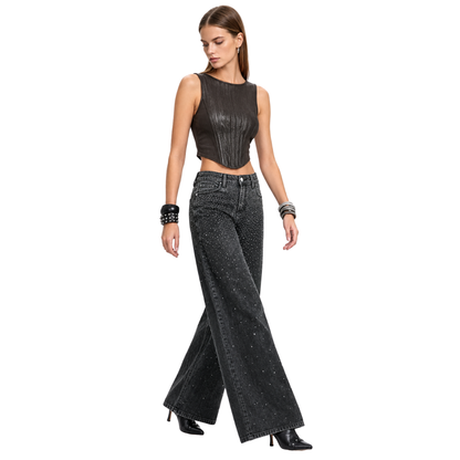 Women's Vintage Washed High Waist Rhinestone Wide Leg Jeans