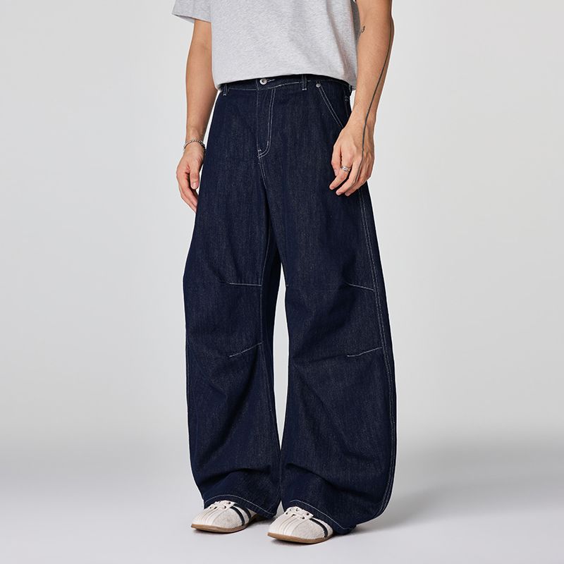 Men's Spring Indigo Raw Deconstructed Wide-Leg Denim Jeans