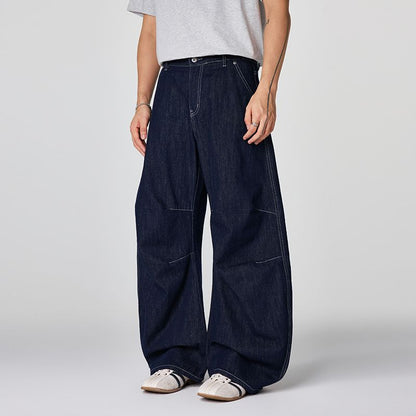 Men's Spring Indigo Raw Deconstructed Wide-Leg Denim Jeans