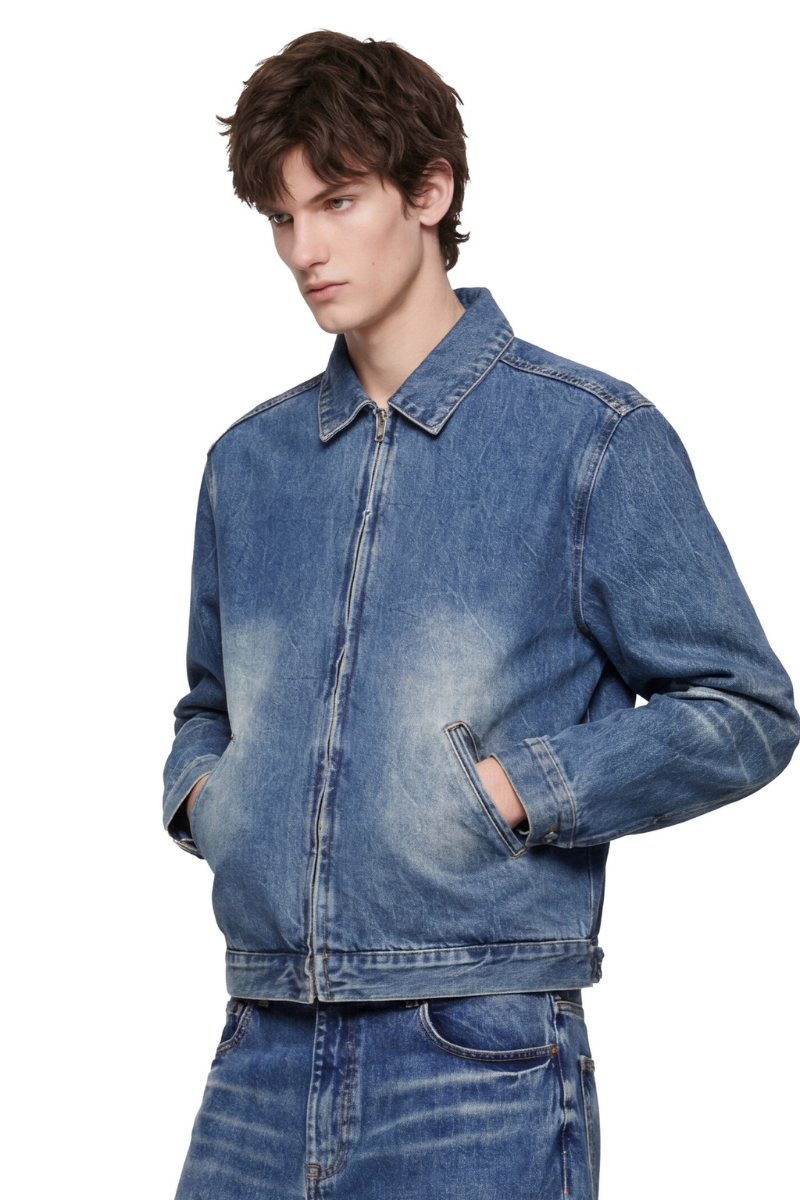 Men's SpringSummer 543g Washed Denim Loose Collar Zip Jacket
