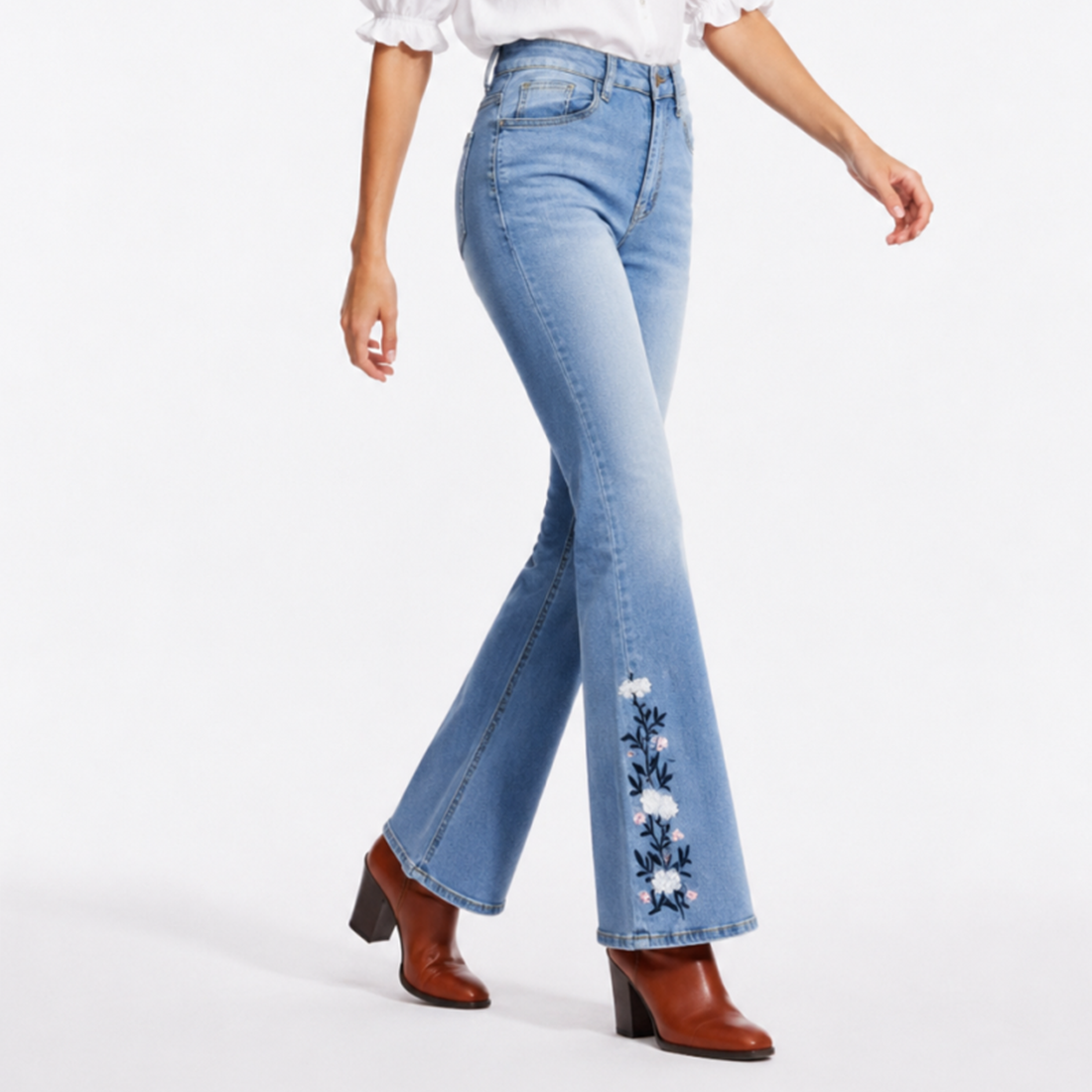 Women's High Waist Floral Embroidered Flare Jeans