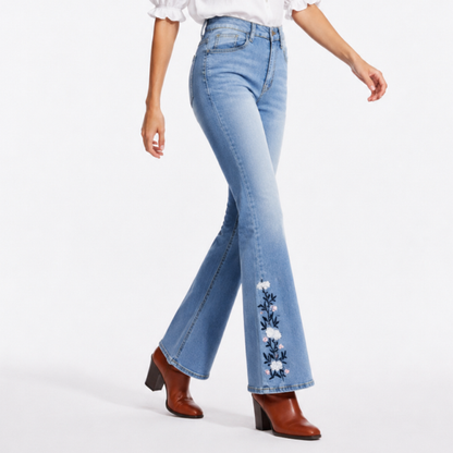 Women's High Waist Floral Embroidered Flare Jeans