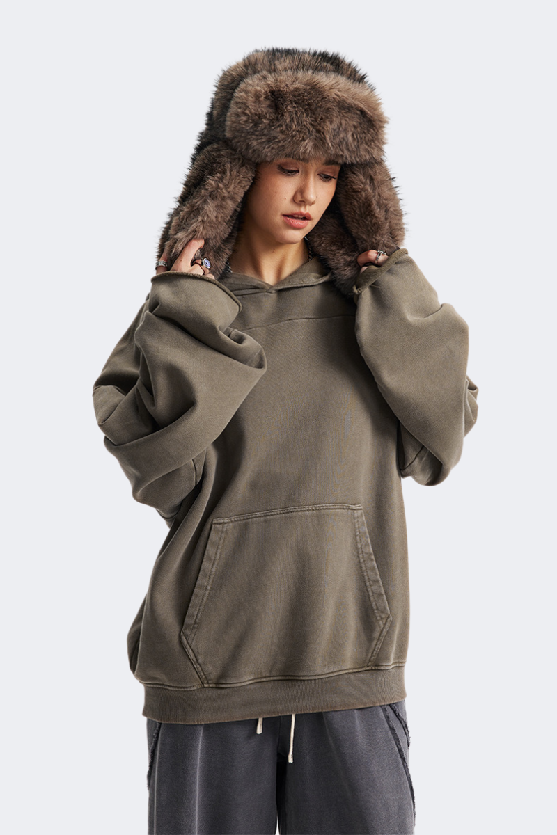 Women's Cotton Streetwear Washed Drop-Shoulder Hoodie