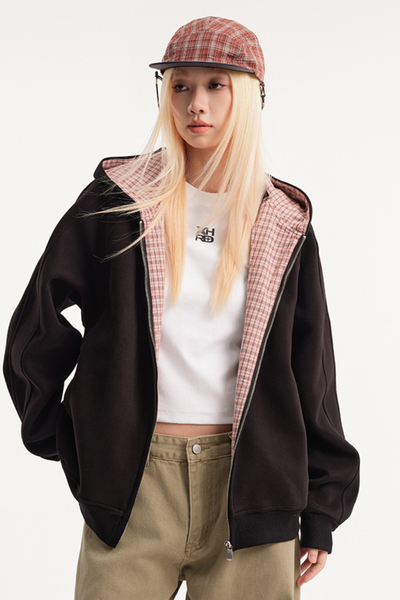 Unisex Fall Plaid Zip Hoodie American Retro Loose