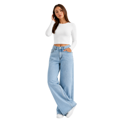 Women's High Waist Light Blue Straight Wide Leg Jeans