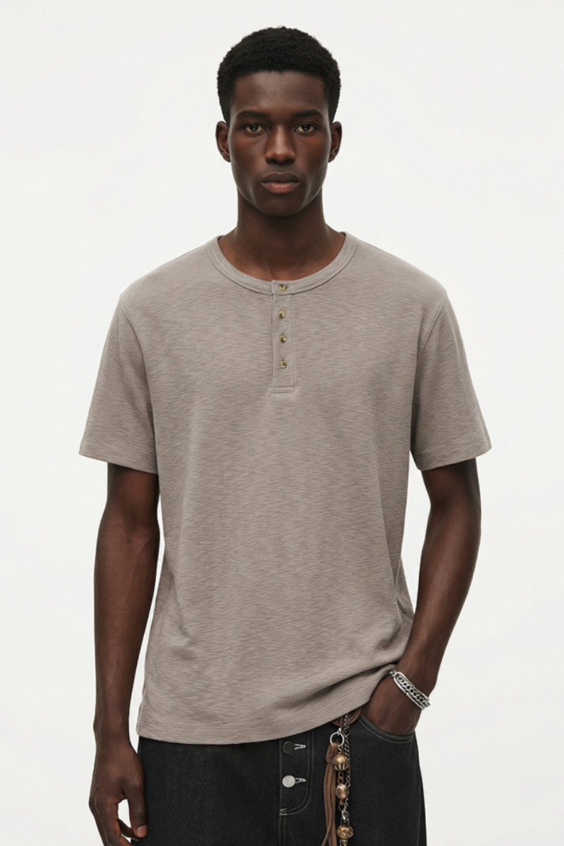 Men's Summer Button Placket Oversized Tee - Natural Fabric