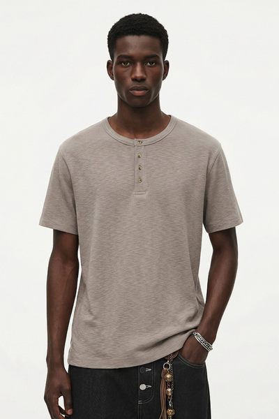 Men's Summer Button Placket Oversized Tee - Natural Fabric