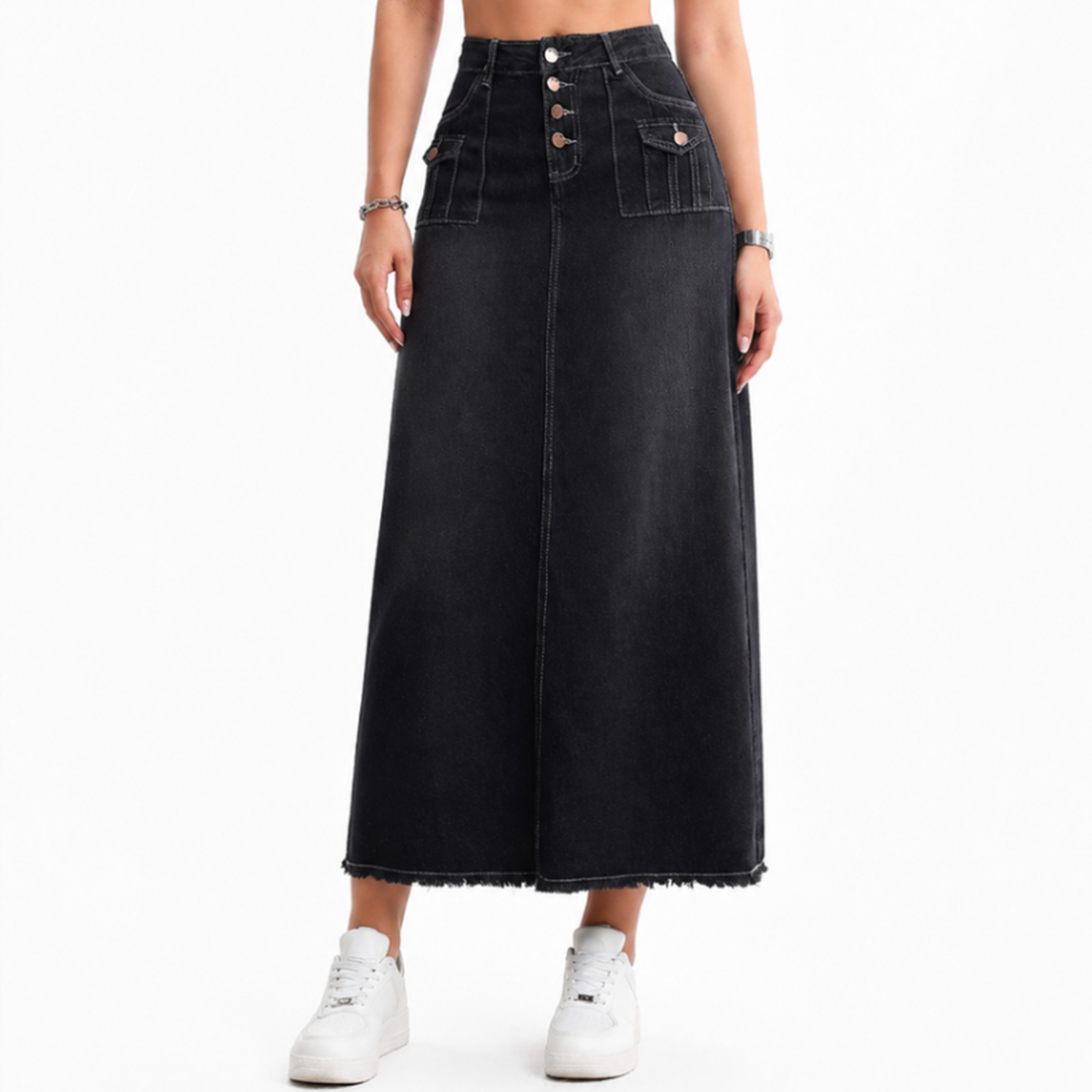 Women's High Waist Button Fly Denim Maxi Skirt