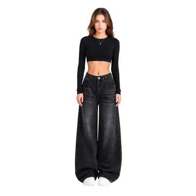 Women's high-rise wide-leg jeans with a half-elastic waist